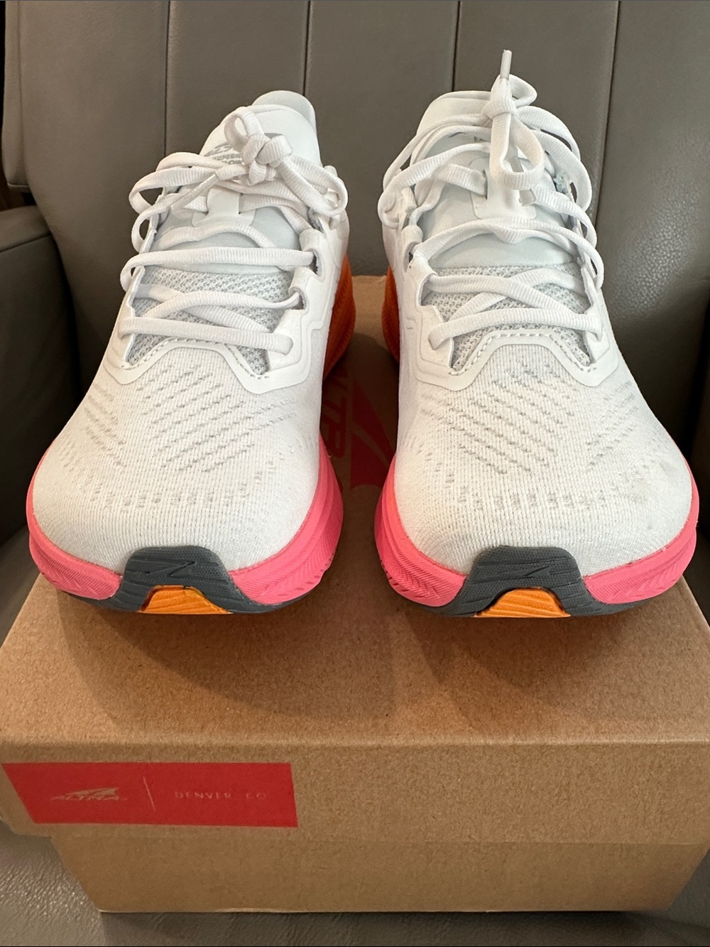 Altra White Running Shoes with Orange and Pink Gradient Sole - Picture 3 of 14